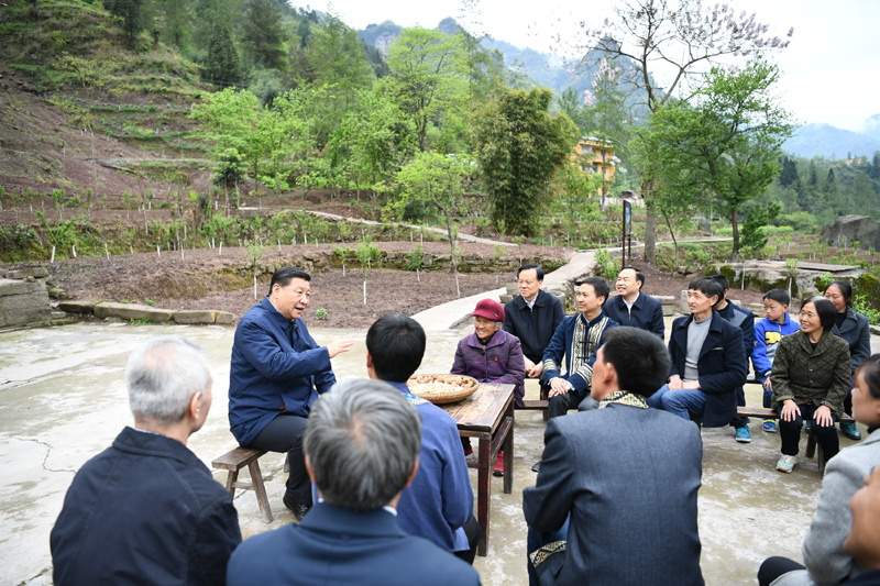 2019年4月15日至17日，中共中央總書記、國家主席、中央軍委主席習(xí)近平在重慶考察，并主持召開解決“兩不愁三保障”突出問題座談會。這是4月15日下午，習(xí)近平在石柱土家族自治縣中益鄉(xiāng)華溪村同村民代表、基層干部、扶貧干部、鄉(xiāng)村醫(yī)生等圍坐在一起，共話脫貧攻堅。新華社記者 謝環(huán)馳 攝