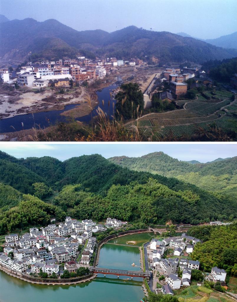 圖為浙江省杭州市淳安縣楓樹嶺鎮(zhèn)下姜村拼版圖，其中上圖為資料照片、下圖由新華社記者張鋮攝。